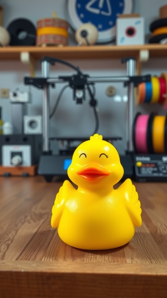 A bright yellow 3D printed duck model on a wooden table with a 3D printer in the background.